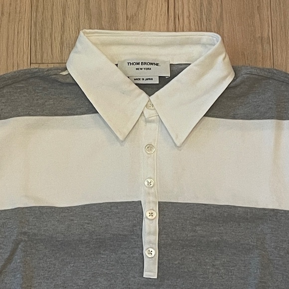 Thom Browne Men’s Striped Polo Shirt in Gray and White - Size 1 (Small) - Picture 3 of 3